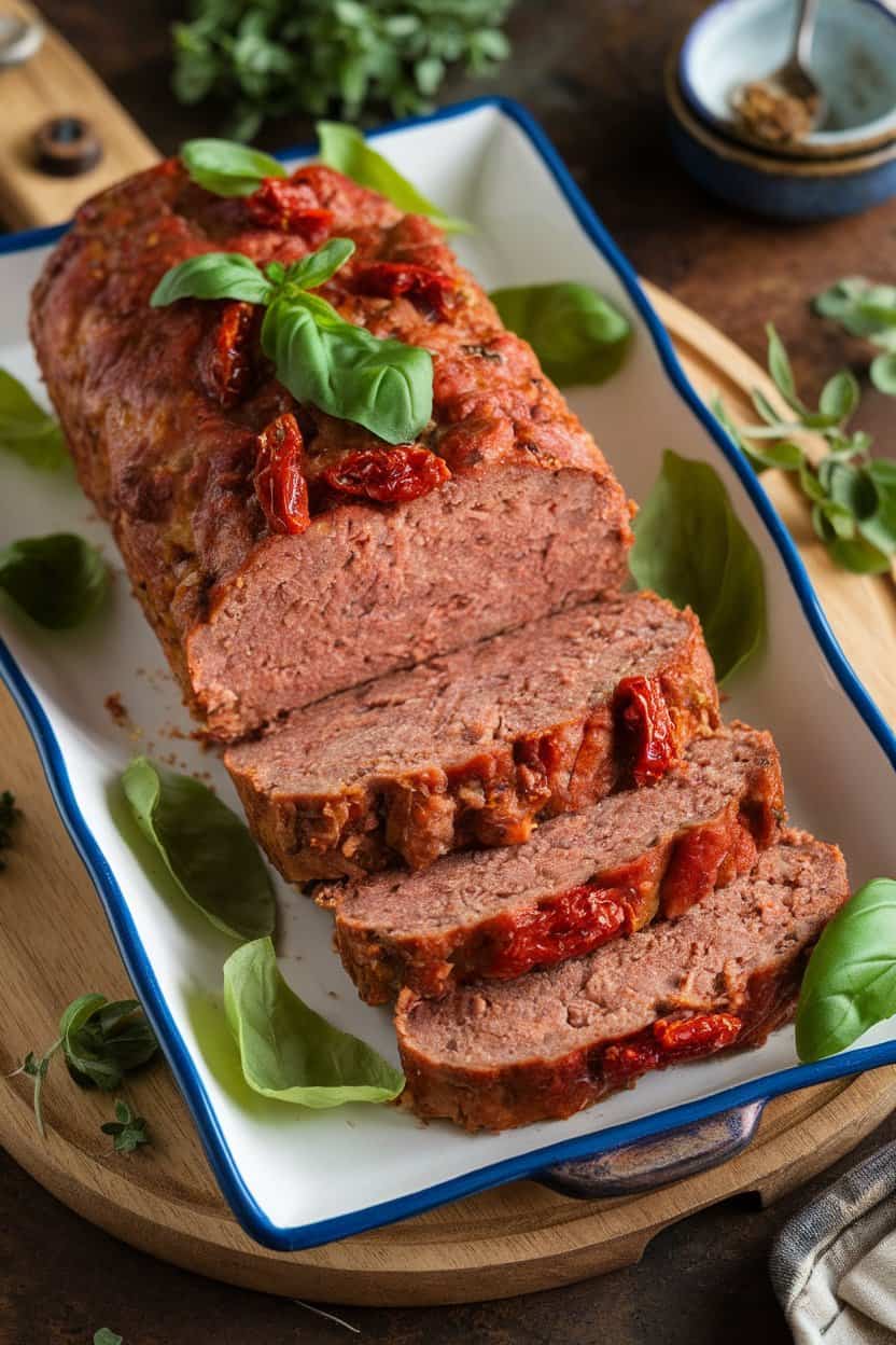 Indoor platter showcasing meatloaf slices dotted with sun-dried tomato bits and fresh basil ribbons. No text or logos. Photo only.