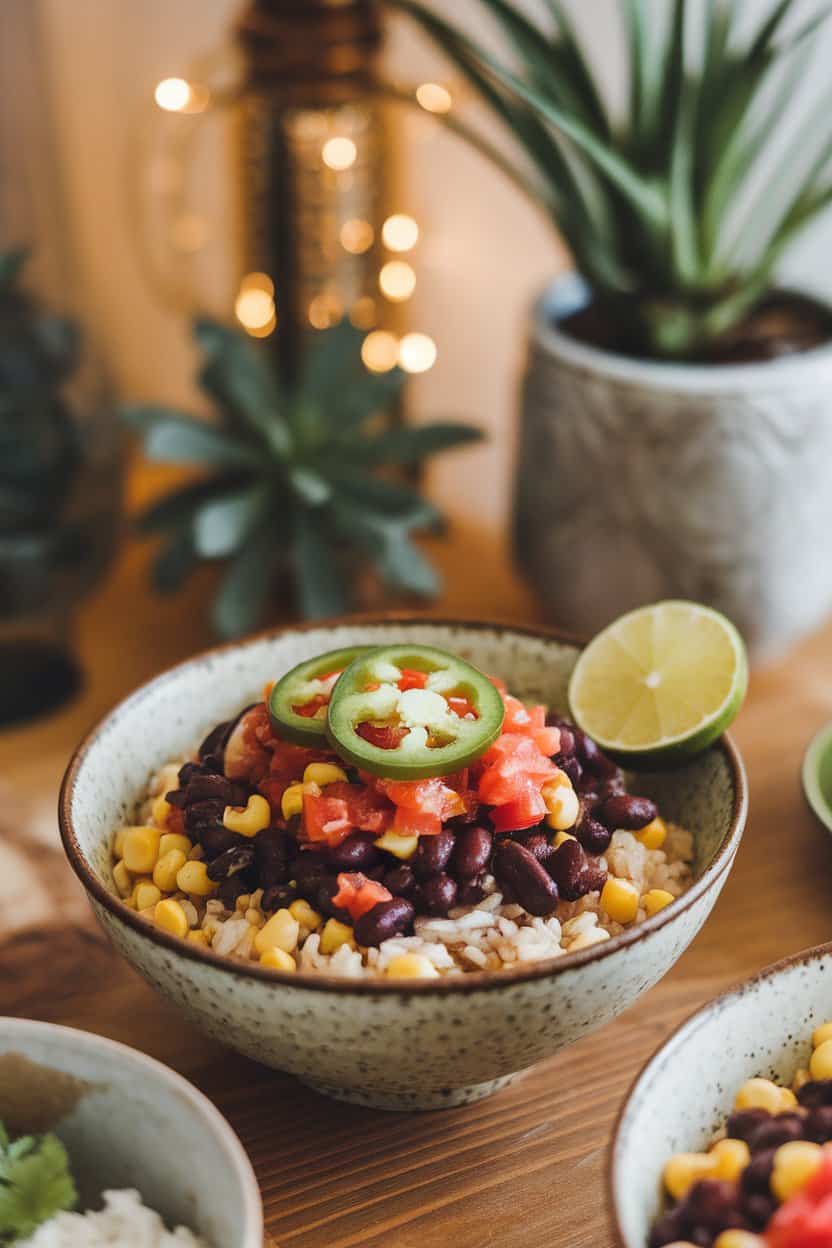 A cozy indoor dining scene with a bowl of brown rice topped by seasoned black beans, corn, salsa, and sliced jalapeños, lime wedge on rim. No text or logos. Photo only.