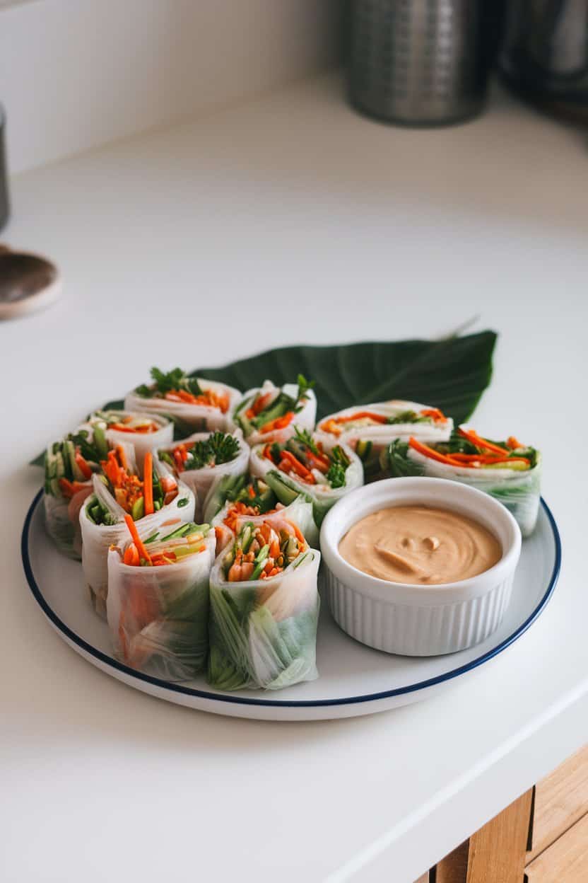 Indoor kitchen counter with rice-paper rolls packed with julienned veggies and herbs, beside a ramekin of creamy peanut dipping sauce. Photo, no text or logos.