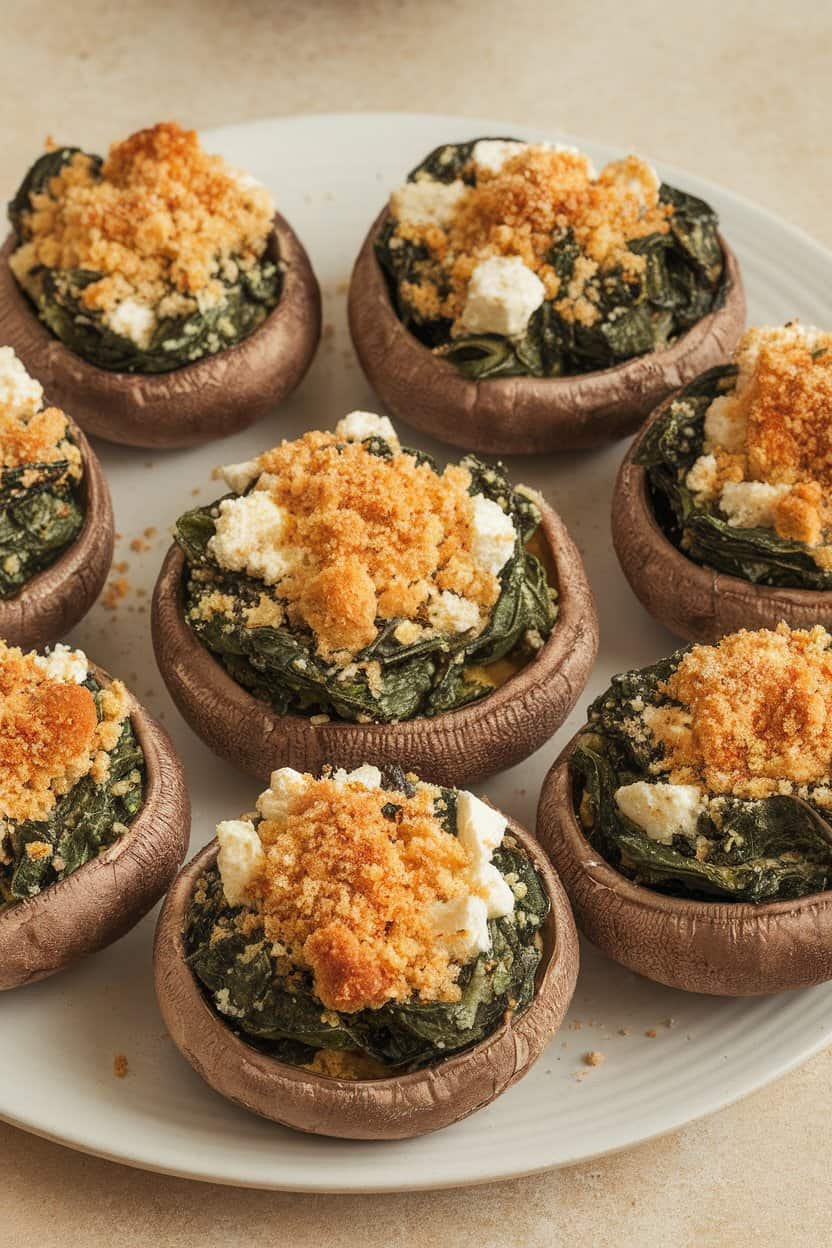 Indoor photo of baked portobello mushroom caps overflowing with a spinach-feta filling, topped with a sprinkle of breadcrumbs. No text or logos present.