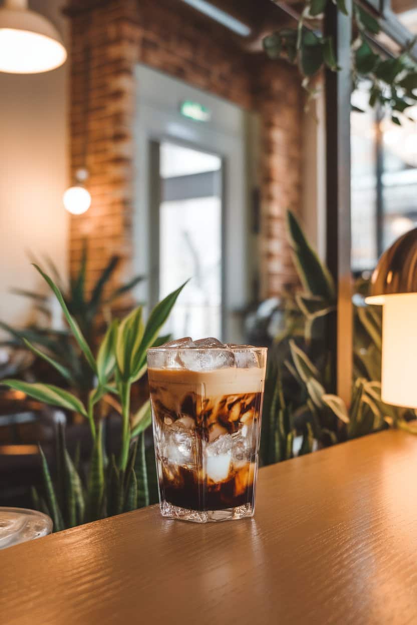 Photo of an indoor café bar, clear glass with layered dark espresso floating over effervescent tonic water, large ice cubes; modern warm lighting; no text or logos