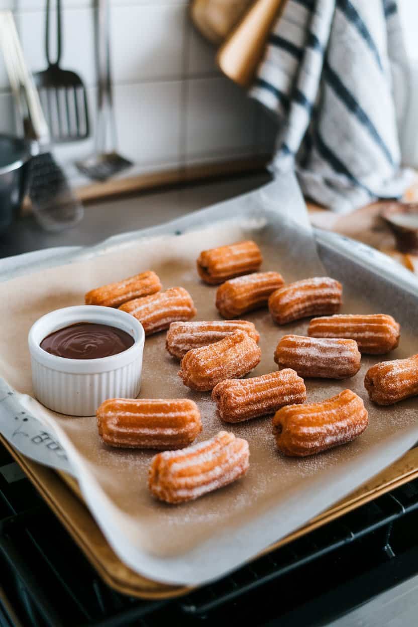 Indoor kitchen scene with a parchment-lined tray of bite-size churros coated in cinnamon sugar, a small ramekin of chocolate dipping sauce beside them. No text or logos; photo only.
