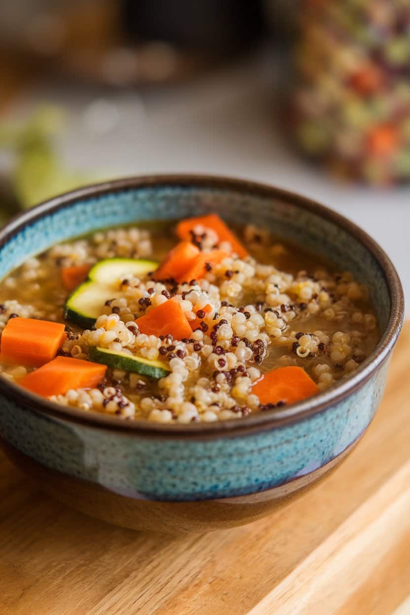 Indoor photo of vegetable soup with visible quinoa pearls, carrots, and zucchini, in a ceramic blue bowl. No text or logos.