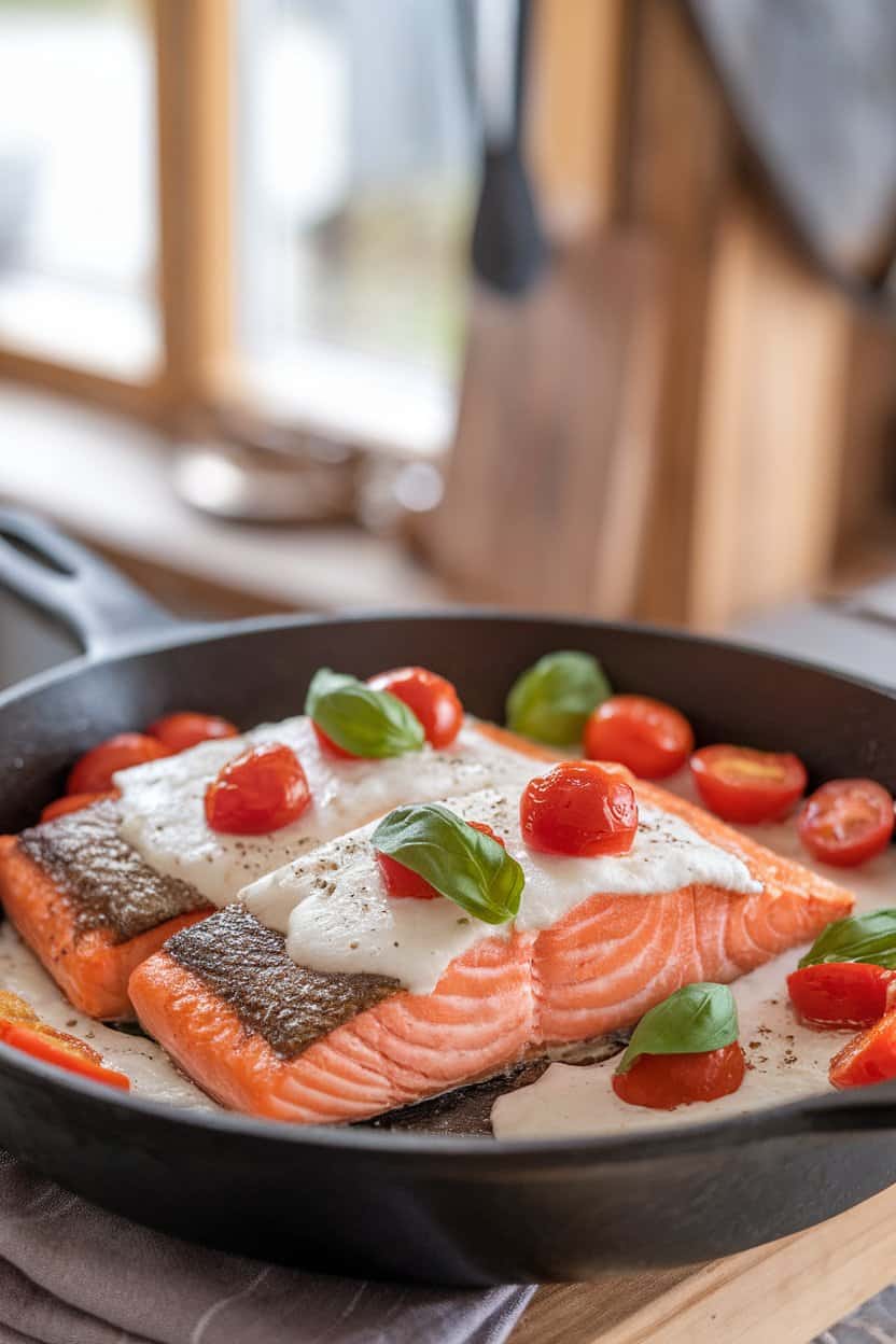Photo of an indoor skillet featuring salmon topped with melted mozzarella, cherry tomatoes, and basil ribbons. No text or logos.