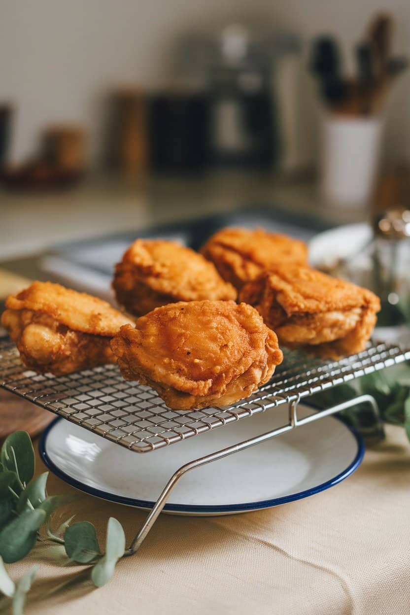 Indoor kitchen table with a wire rack of golden fried chicken thighs, flaky crust clearly visible, no text or logos. Photograph.
