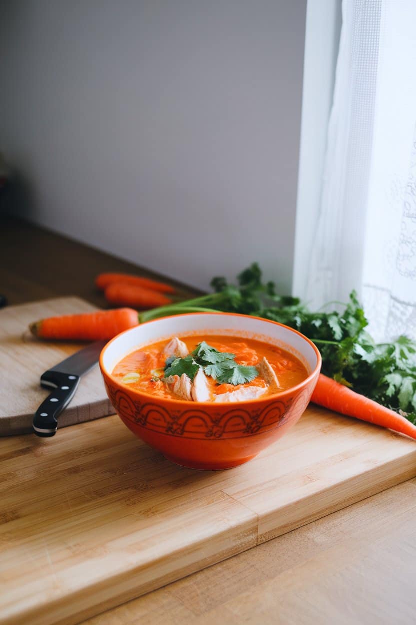 Indoor kitchen counter with a vibrant orange bowl of carrot-ginger chicken soup garnished with cilantro; no text or logos.