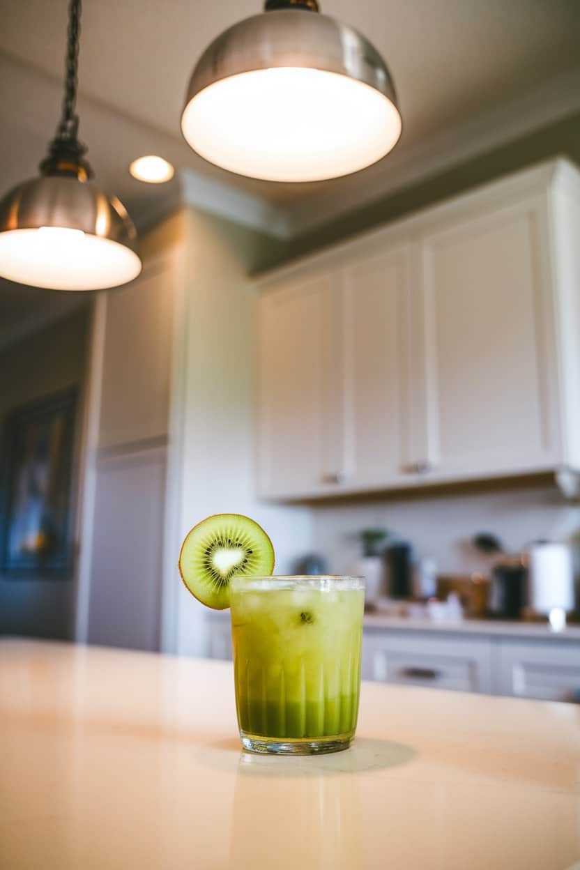 Photo of an indoor kitchen island showing a rocks glass with bright green kiwi mocktail, thin kiwi wheel on rim, overhead pendant lighting; no text or logos.
