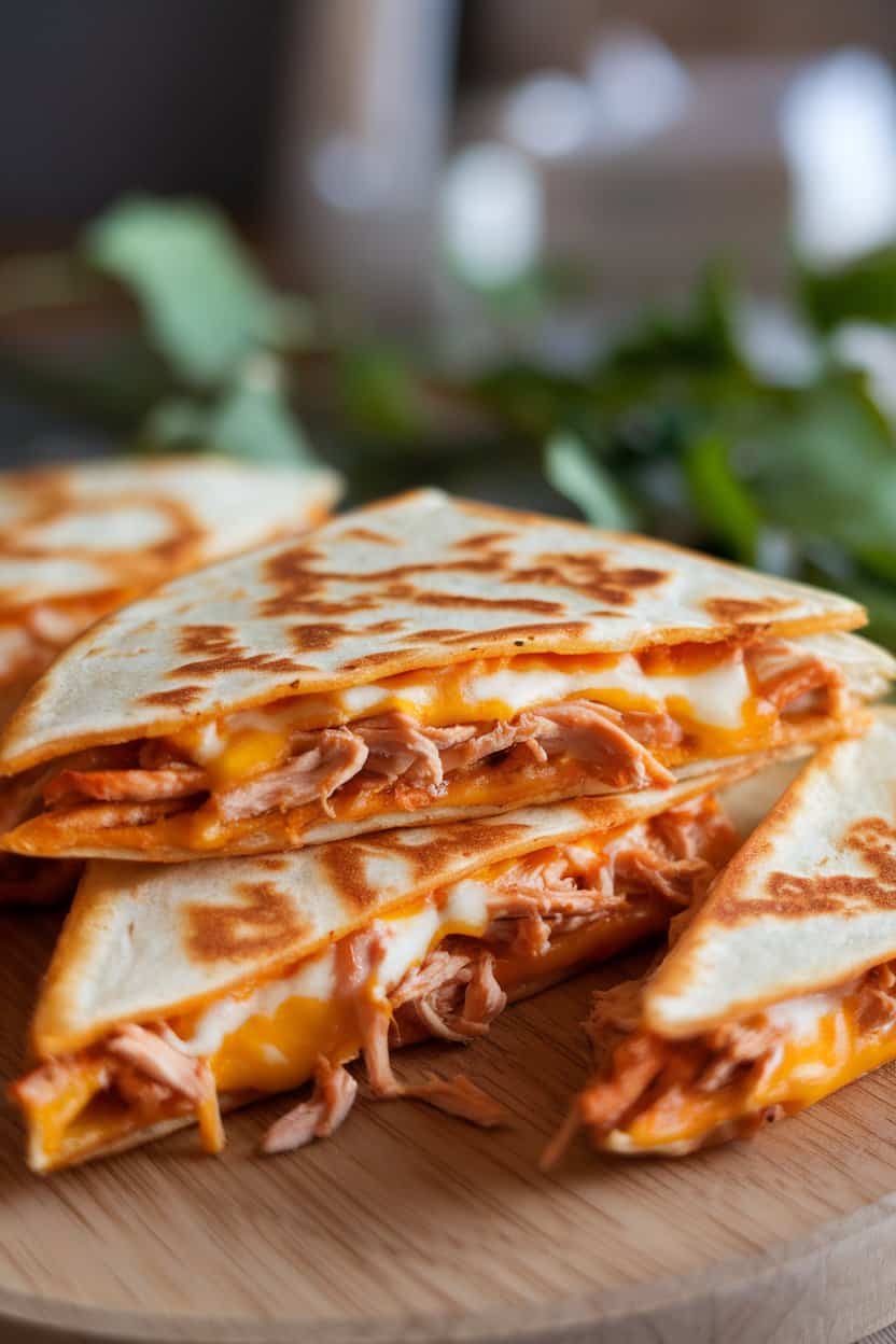 A close-up of golden, crispy quesadilla wedges revealing melted cheese and shredded BBQ chicken inside, set on an indoor wooden board. No text or logos visible. Photo only.