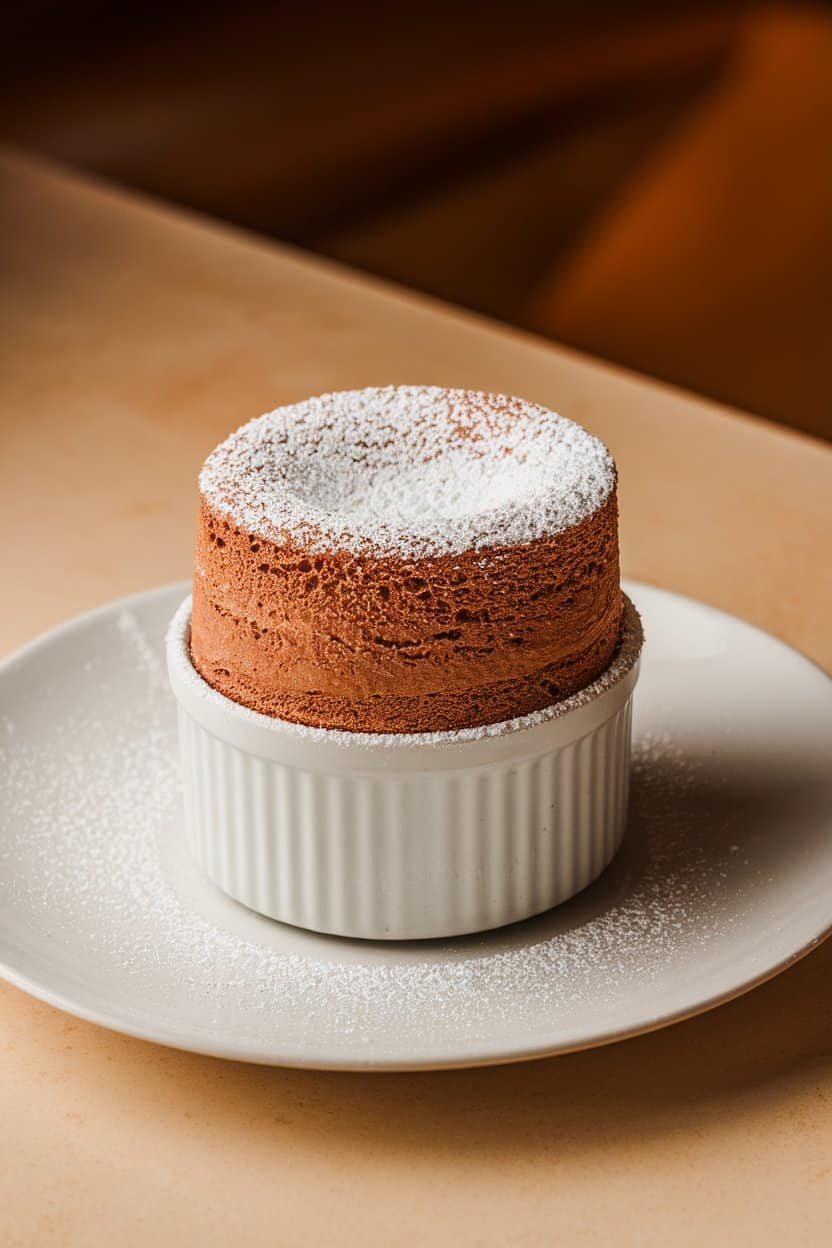 Photo: Tall chocolate soufflé in a white ramekin dusted with powdered sugar, indoor restaurant-style lighting. No text or logos anywhere.