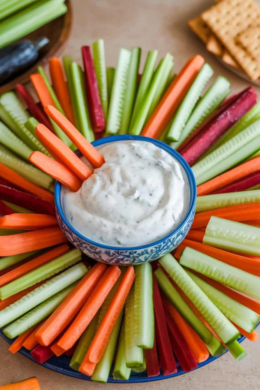 An indoor platter of colorful vegetable sticks surrounding a bowl of creamy white ranch dip. No logos present.