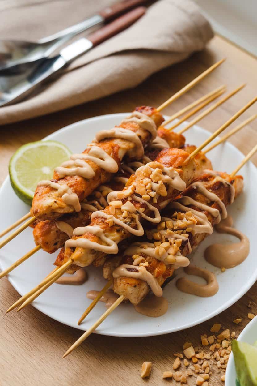 An indoor platter of chicken satay skewers drizzled with peanut sauce and sprinkled with crushed peanuts. No text or branding anywhere.
