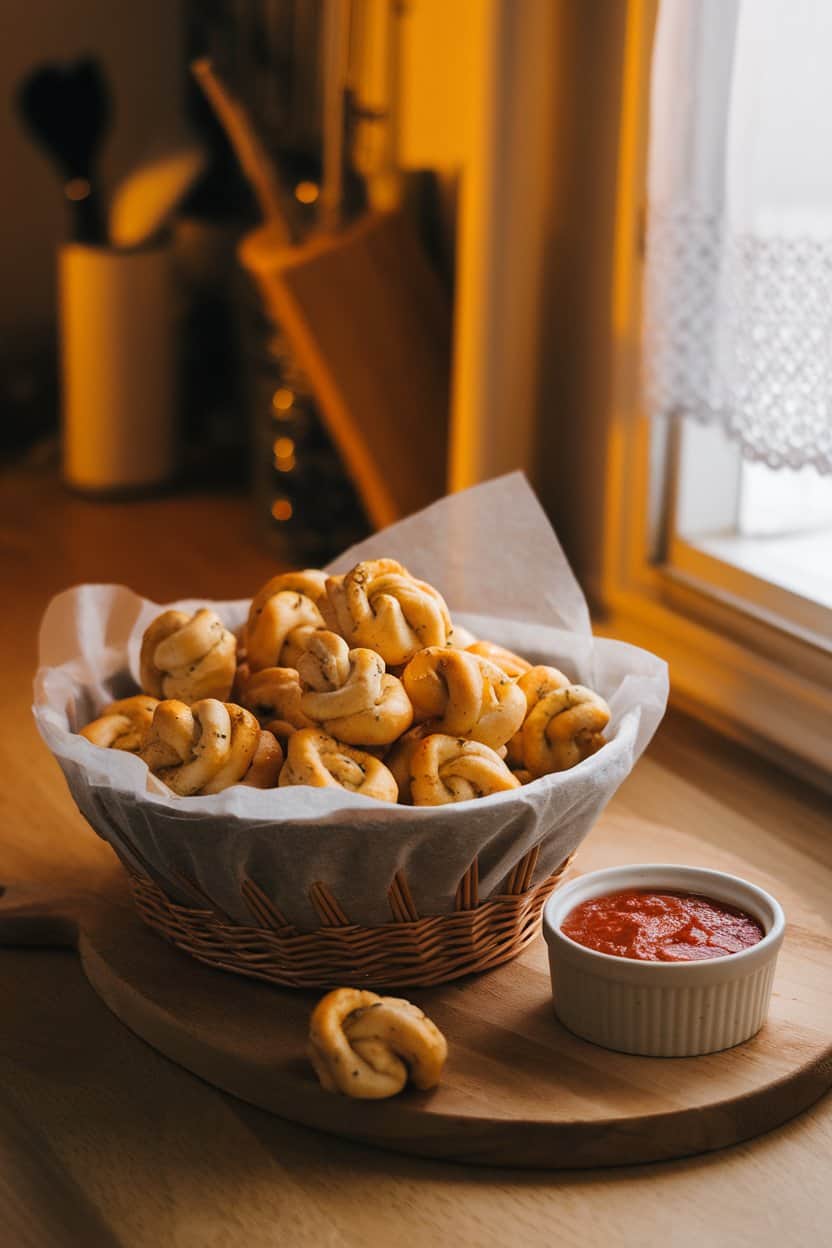 A warmly lit indoor kitchen counter featuring a basket lined with parchment and filled with golden garlic parmesan knots, a small ramekin of marinara sauce beside it. No text or logos. Photo only.