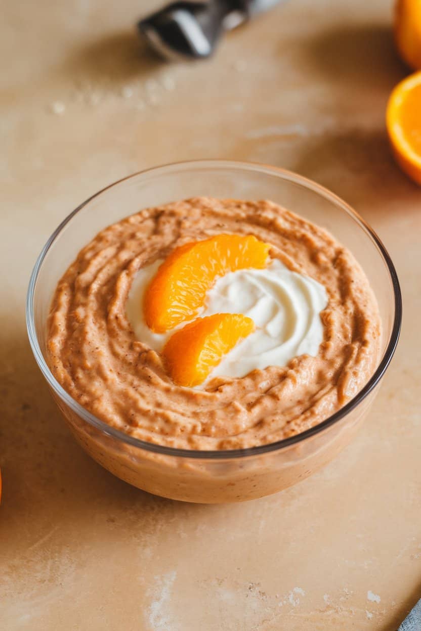 Indoor photo of creamy orange-hued oats in a clear bowl, garnished with orange segments and a swirl of vanilla yogurt; no text or logos.
