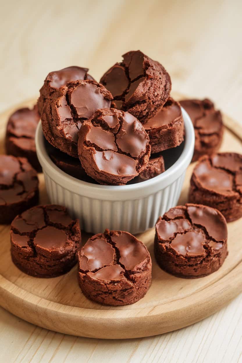 Indoor photo of fudgy bite-sized vegan brownie cookies in a small bowl, shiny cracked tops, no text or logos