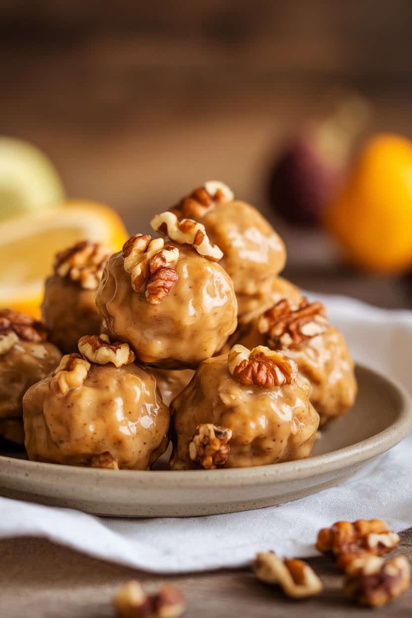 Indoor breakfast-style scene featuring maple-glazed protein balls sprinkled with chopped walnuts, set on a neutral ceramic plate. No text or logos. Photo only.