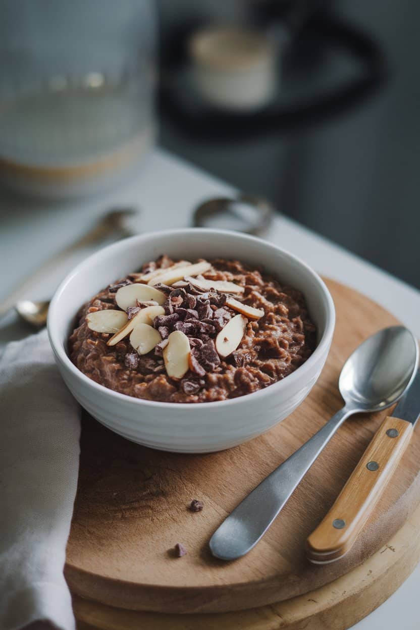 Indoor photo of a bowl of chocolate oatmeal topped with sliced almonds and cacao nibs; no text or logos