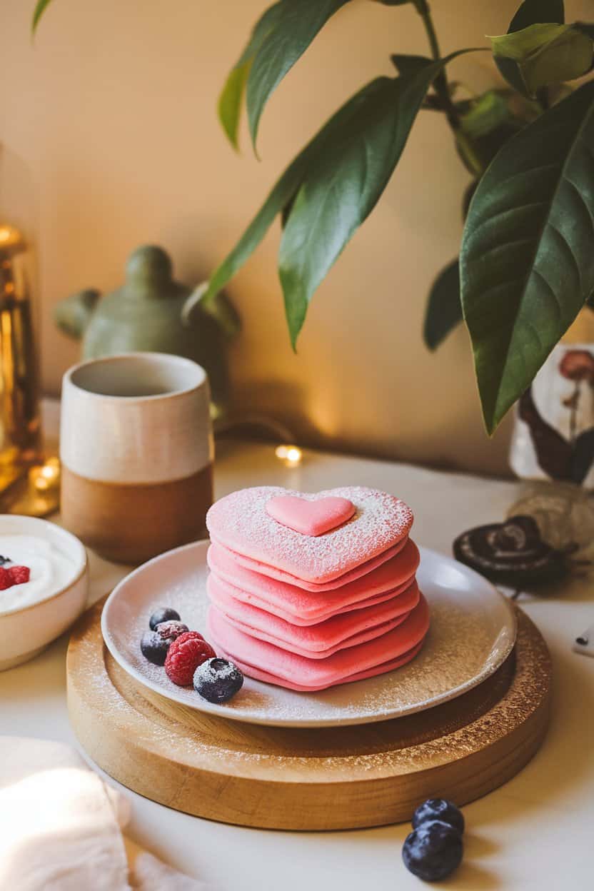 A warmly lit indoor brunch scene featuring pink heart-shaped pancakes stacked on a white plate with a dusting of powdered sugar and a side dish of yogurt; no text or logos.