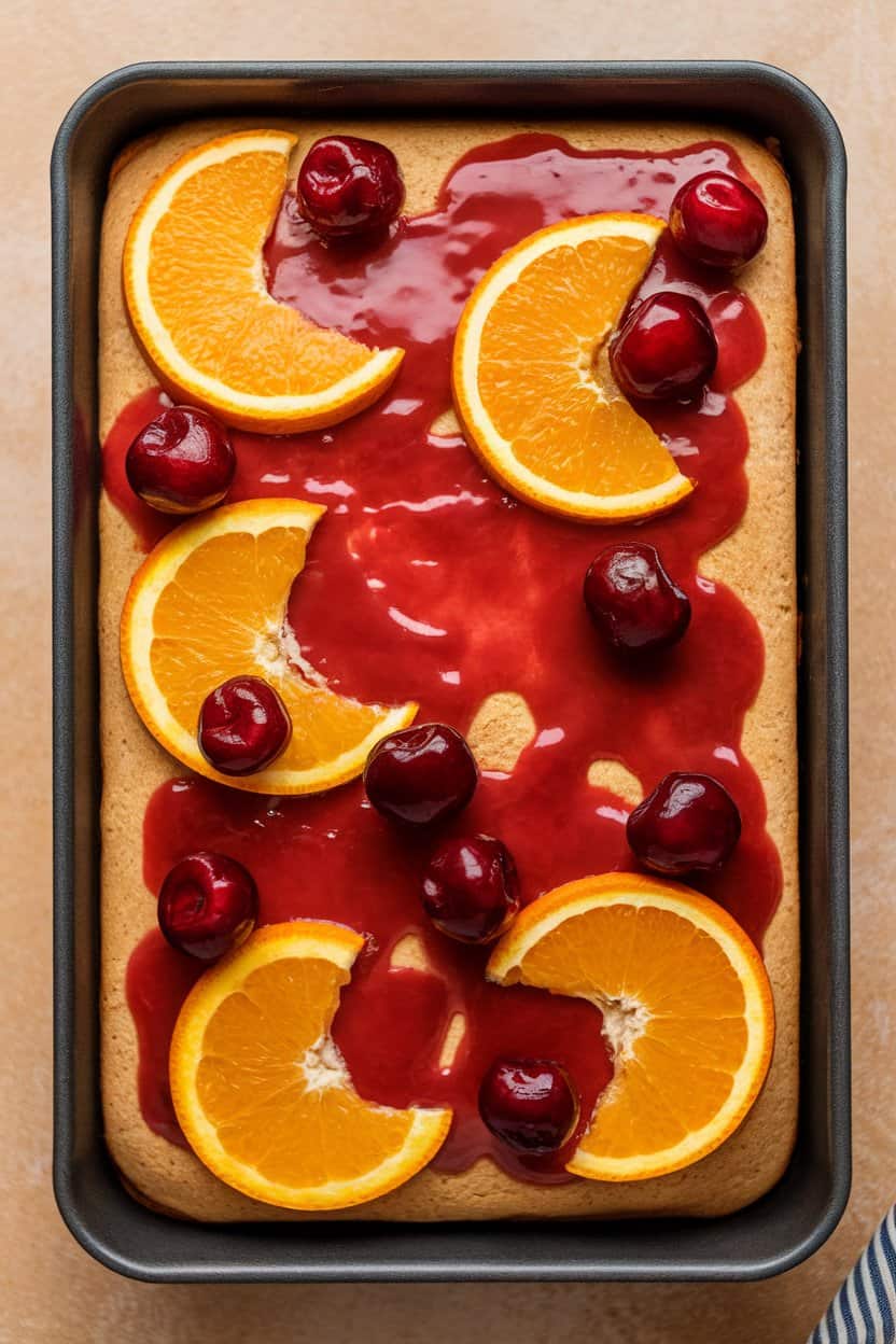 An indoor baking dish of sheet cake dotted with red fruit punch glaze and garnished with orange slices and cherries. No text or logos present.