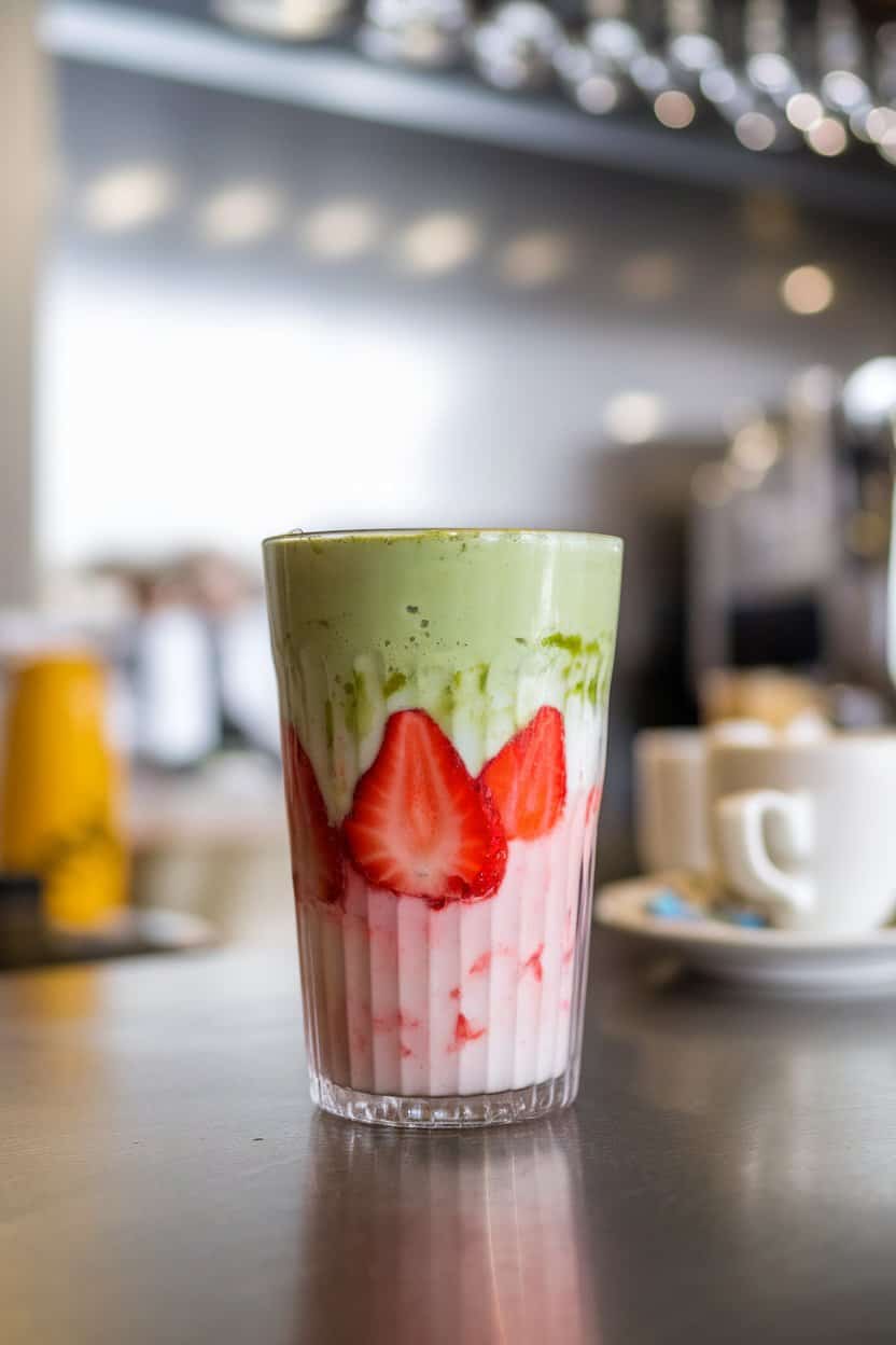 Indoor breakfast bar with two-layered glass—pink strawberry puree at bottom, green matcha milk floating above, no text or logos visible. Photo