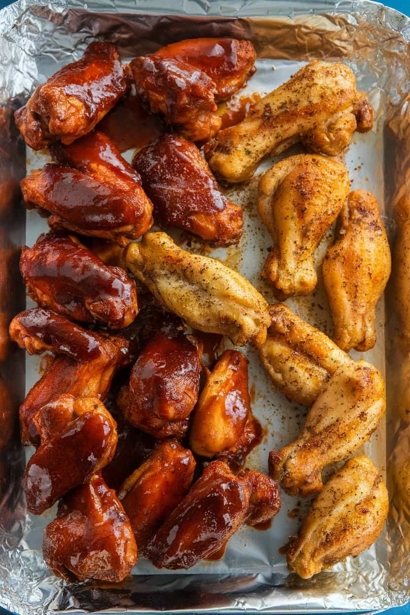 Foil-lined indoor baking sheet overflowing with crispy baked chicken wings, half coated in barbecue glaze and half in lemon-pepper rub, no logos anywhere.