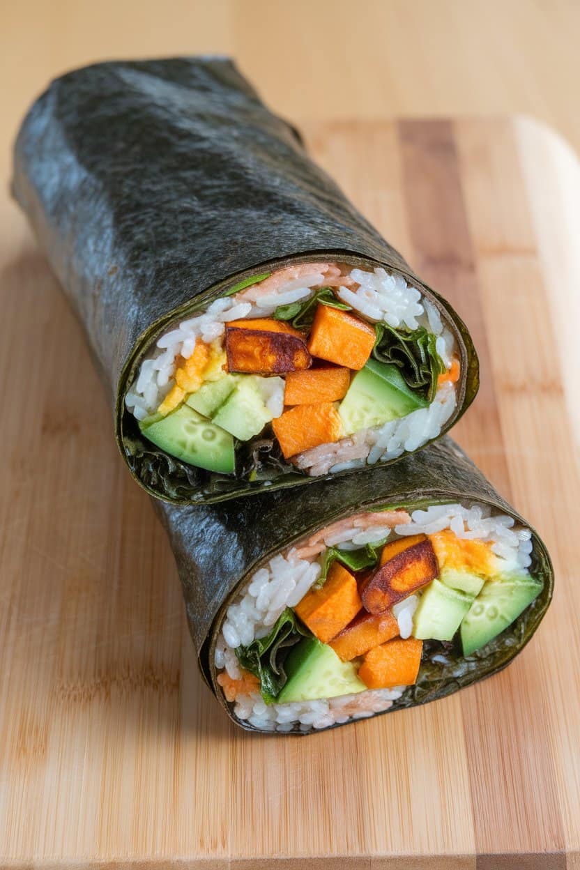 Indoor cutting board with a large nori-wrapped burrito sliced to reveal sushi rice, avocado, cucumber, roasted sweet potato, and greens. No text or logos, photo not illustration.