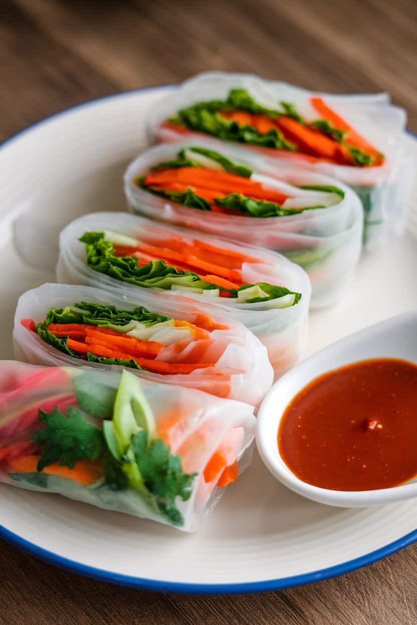 Indoor photo of translucent rice-paper rolls revealing colorful veggies, lined up beside a dish of hoisin-peanut sauce. No text or logos.