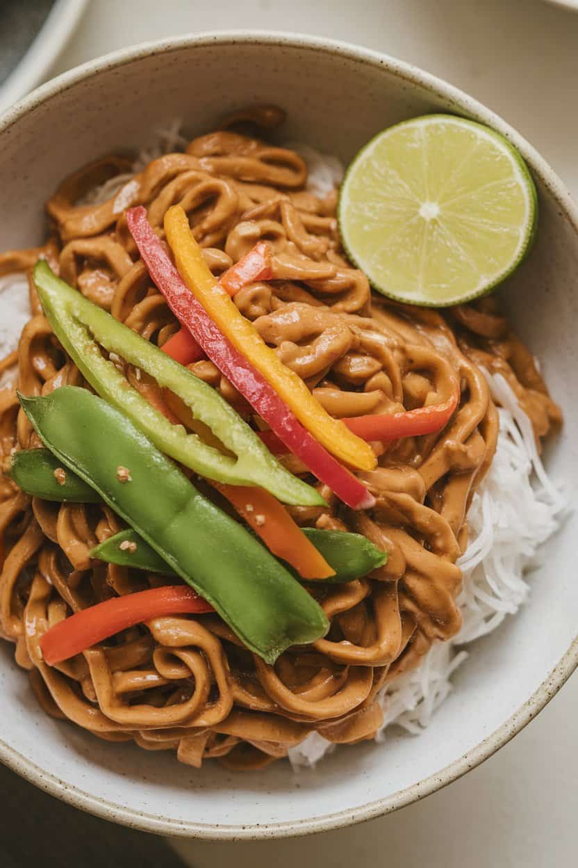 An indoor bowl brimming with rice noodles coated in glossy peanut sauce, colorful bell pepper strips and snap peas on top, lime wedge on the rim, no text or logos.