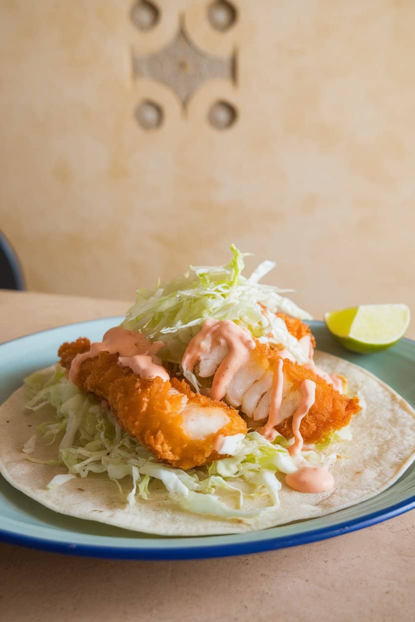 Indoor dining table with soft corn tortillas holding flaky, golden fried fish, shredded cabbage, and creamy sauce; lime wedge garnish; no text or logos.