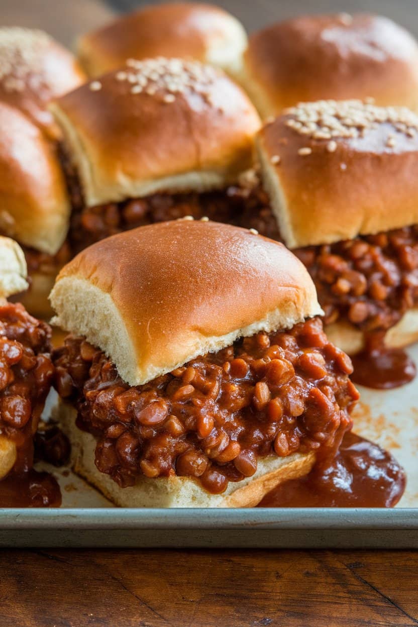 An indoor tray of lentil sloppy joe sliders on whole-wheat buns, sauce slightly dripping. No logos.