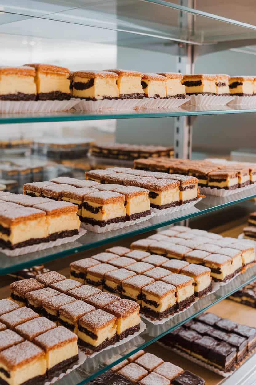 Indoor bakery shelf featuring squares of Chester cake with sugared pastry tops and dark, fruity filling exposed on one side. No text or logos. Photo.