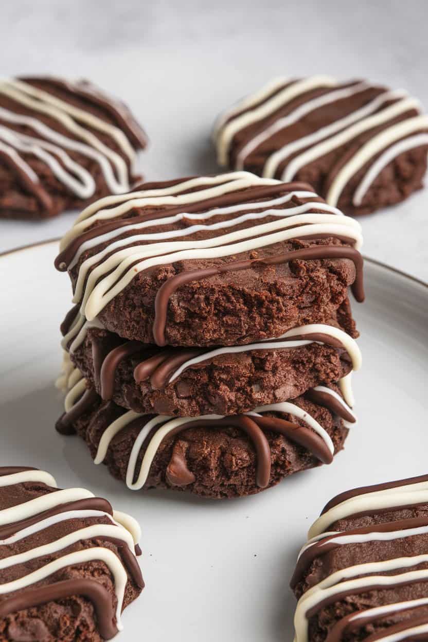 Photo of dark chocolate cookies drizzled with white and milk chocolate, double stacked on an indoor plate. No text or logos anywhere.