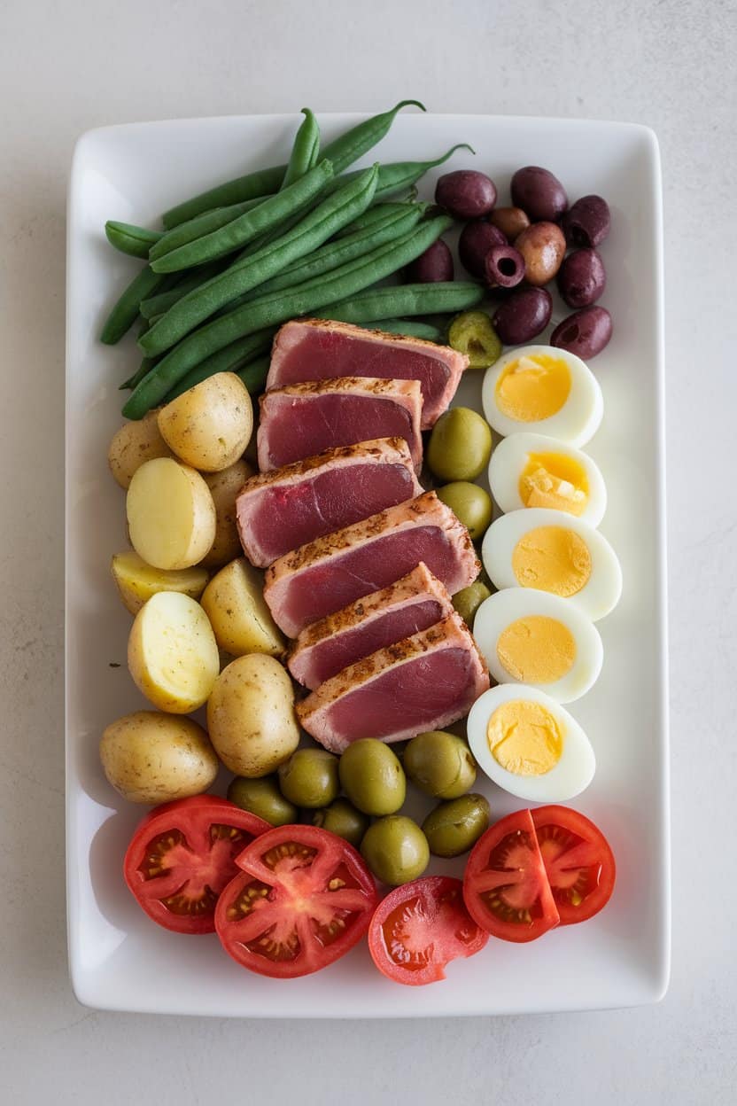 Indoor plating of a composed salad featuring seared tuna slices, green beans, potatoes, hard-boiled eggs, olives, and tomatoes arranged neatly on a white platter. No text or logos.