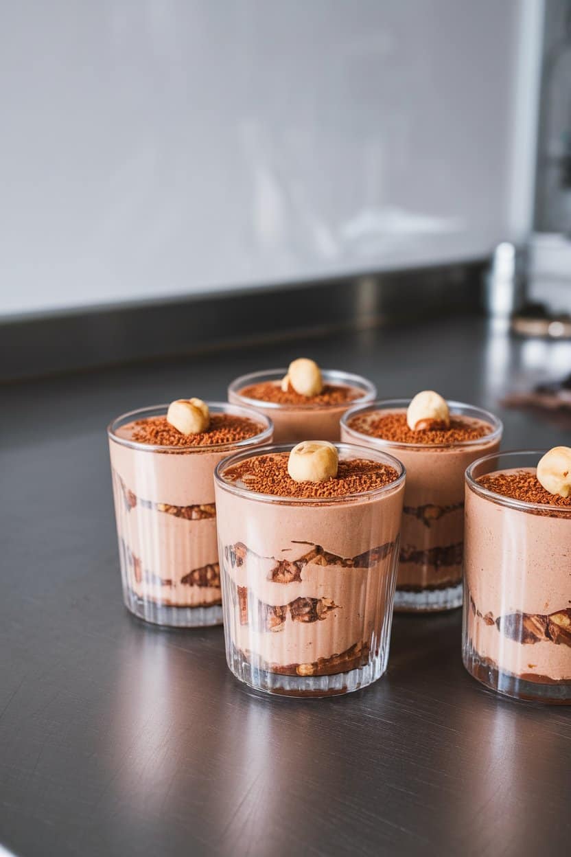 Photo: Clear glasses filled with layered chocolate-hazelnut mousse, topped with grated chocolate and two whole hazelnuts, indoor countertop. No text or logos.