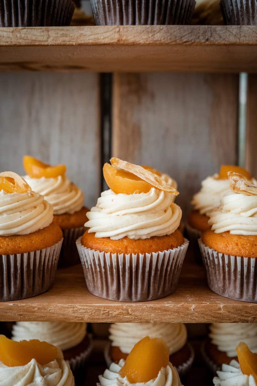 An indoor bakery shelf with almond cupcakes filled with apricot jam and topped with almond-flavored buttercream and dried apricot sliver. No text or logos.