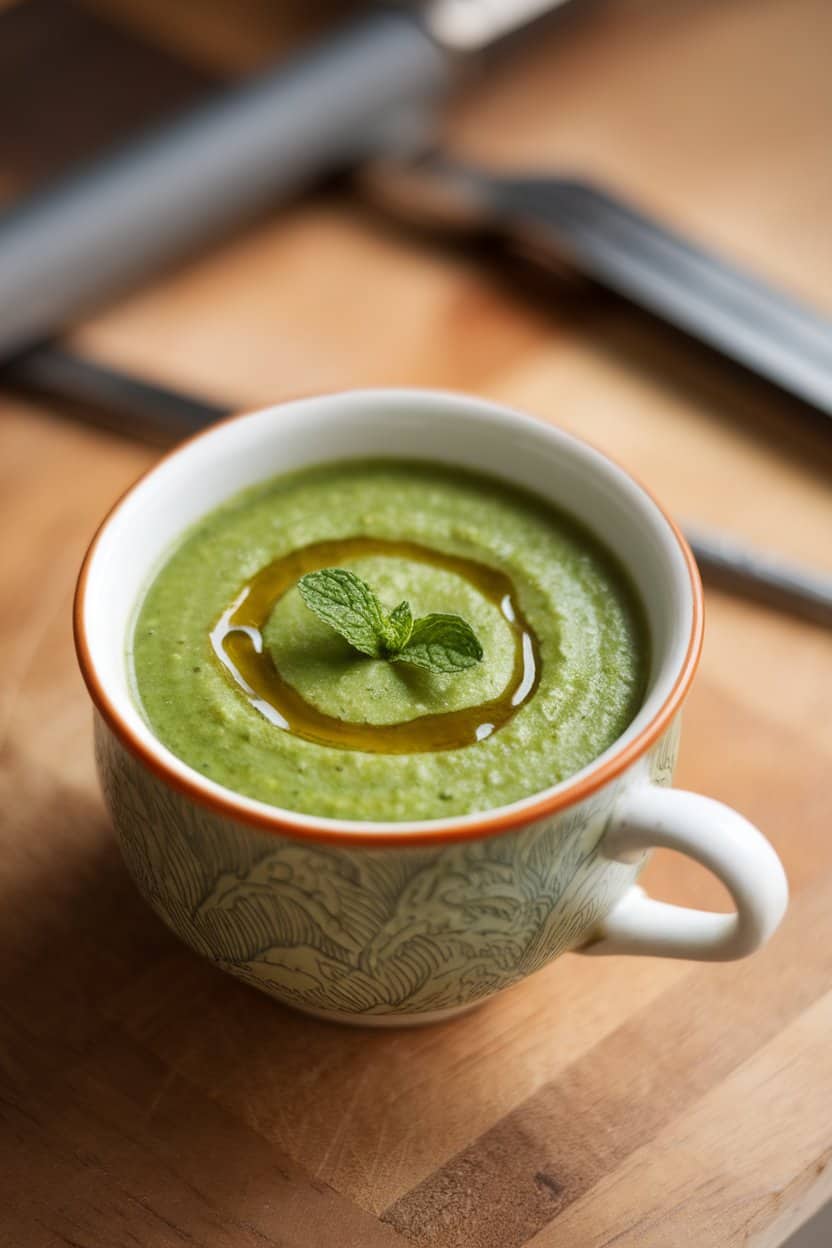 Indoor photo of vibrant green spinach-pea soup in a porcelain cup, topped with a small mint leaf and a drizzle of olive oil. No text or logos.
