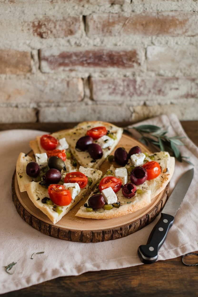 An indoor wooden board with sliced flatbread topped with olives, feta, and cherry tomatoes. No text or logos.