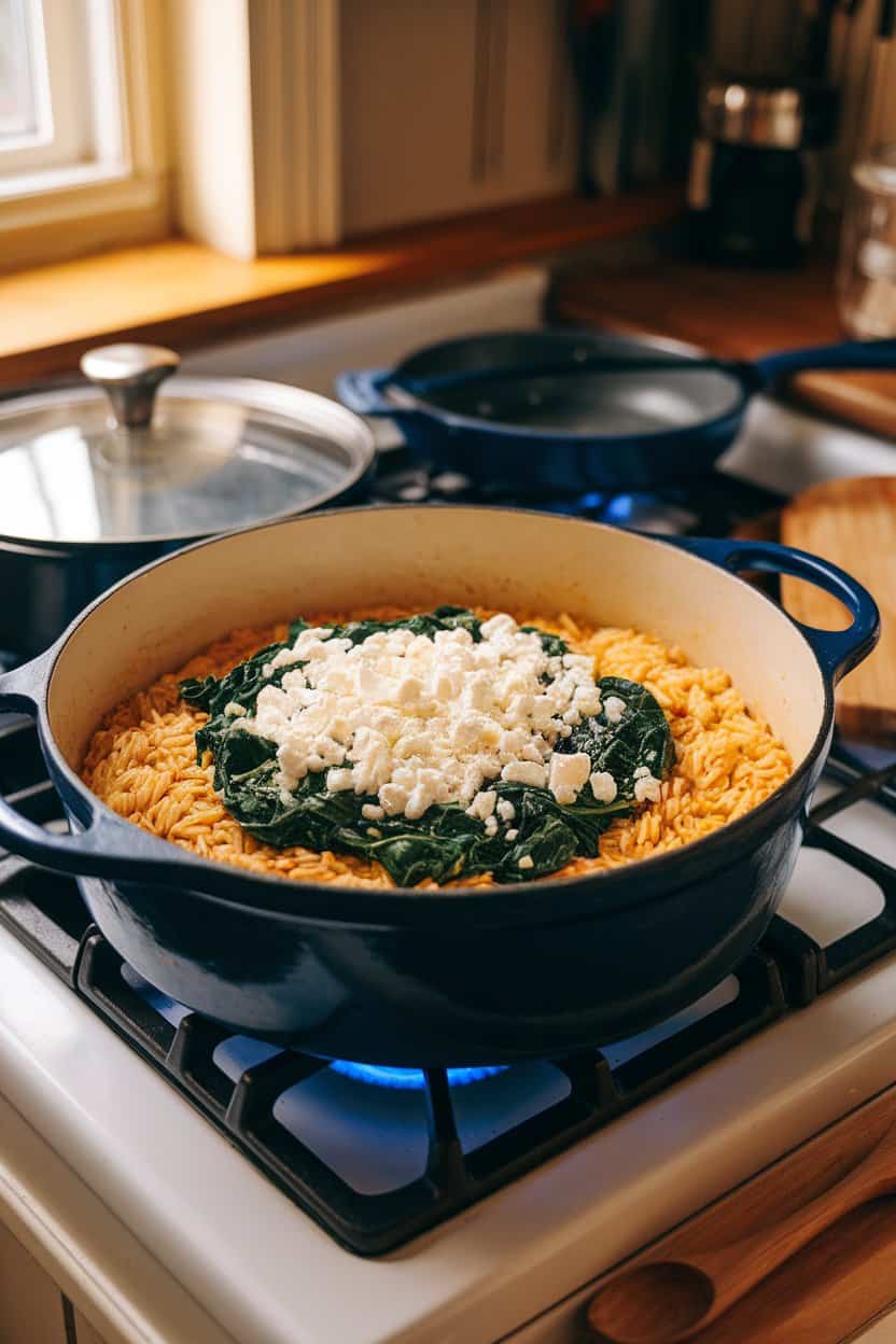 An indoor stovetop scene featuring a Dutch oven filled with cooked lemony orzo, wilted spinach, and feta crumbles on top. No text or logos visible.
