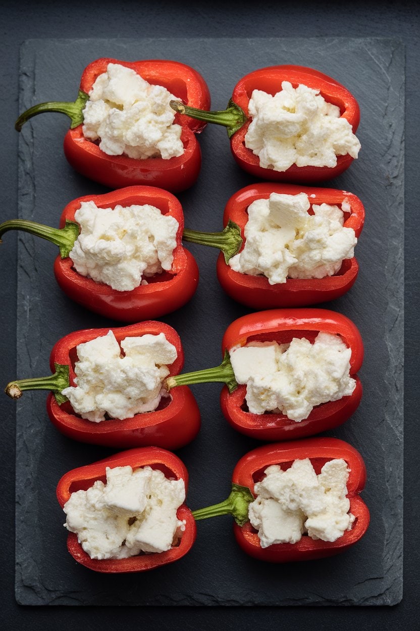 Indoor photo of glossy red peppadew peppers stuffed with creamy white feta arranged neatly on a slate tile; top-down lighting, no text or logos.