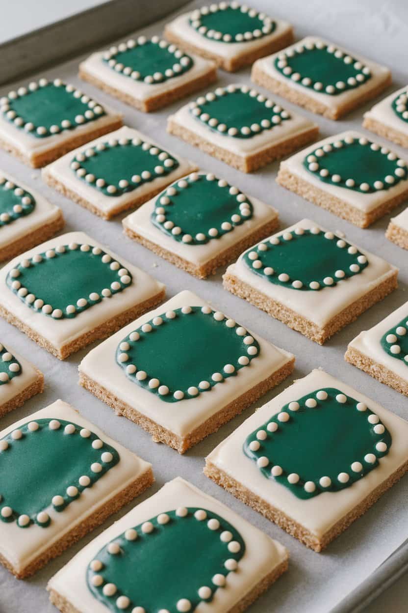 Photo of rectangular cookie bars iced with tiny “seating” dots around a green center, placed on an indoor baking sheet. No text or logos visible.