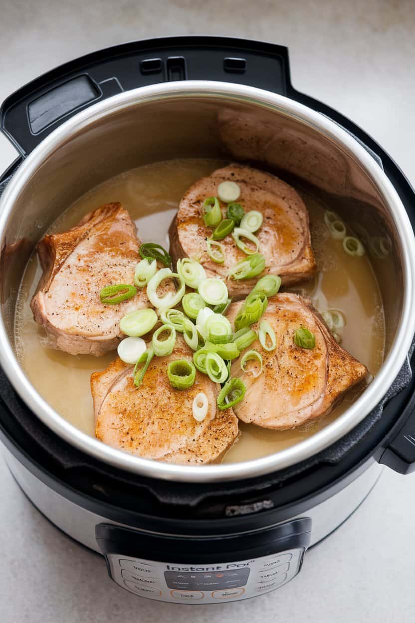 An indoor countertop featuring an open Instant Pot with pork chops nestled in a light broth, sliced scallions on top, no text or logos. Photo only.