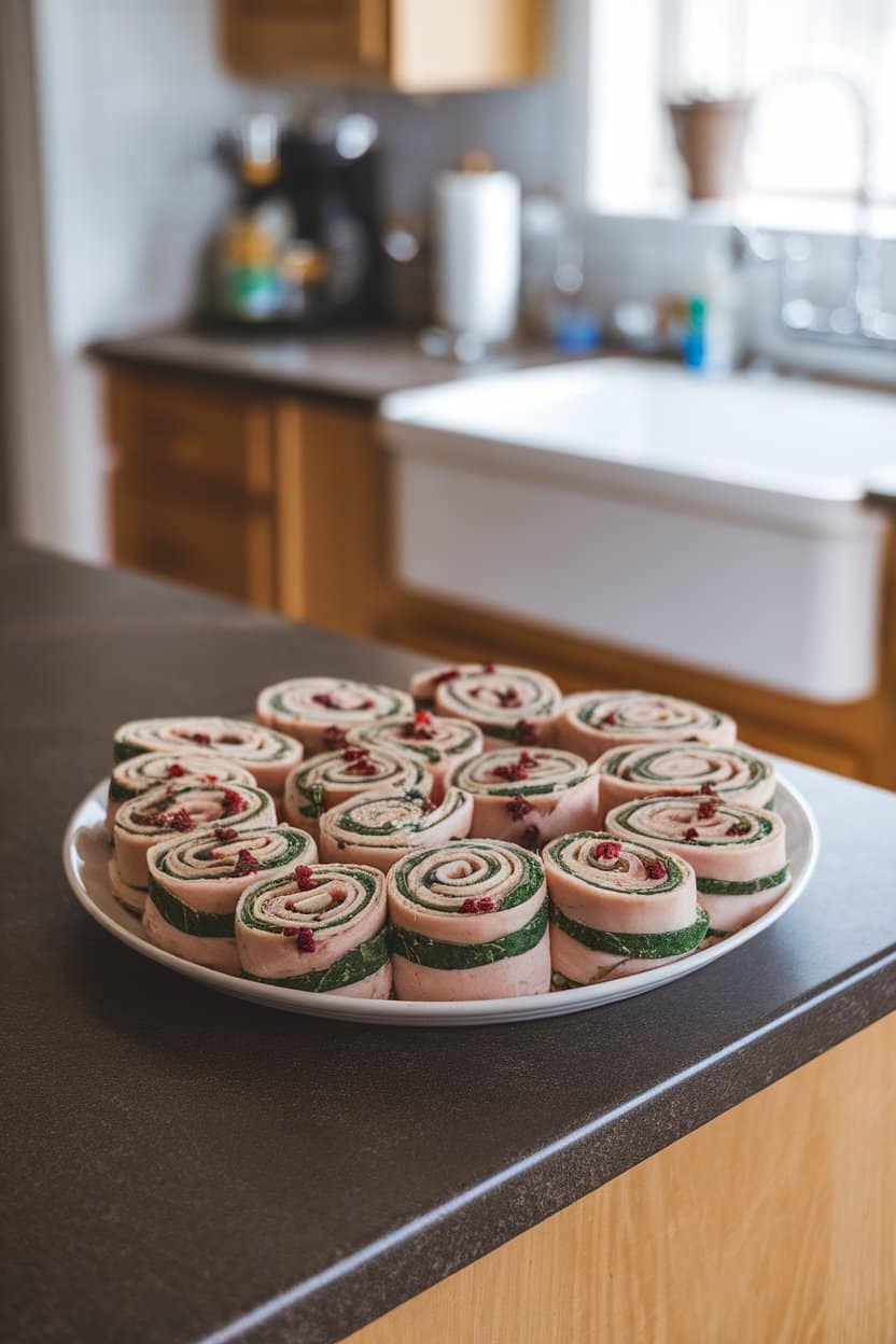 Indoor kitchen island featuring spiral pinwheels filled with deli turkey, cream cheese, spinach, and specks of dried cranberries on a white platter. No text or logos, photo not illustration.