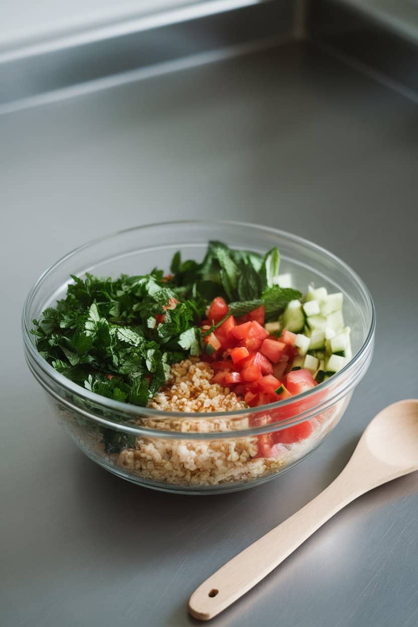 Photo of a glass bowl filled with chopped parsley, bulgur wheat, diced tomatoes, cucumber, and mint, placed on an indoor countertop. Soft diffused lighting, no text or logos.