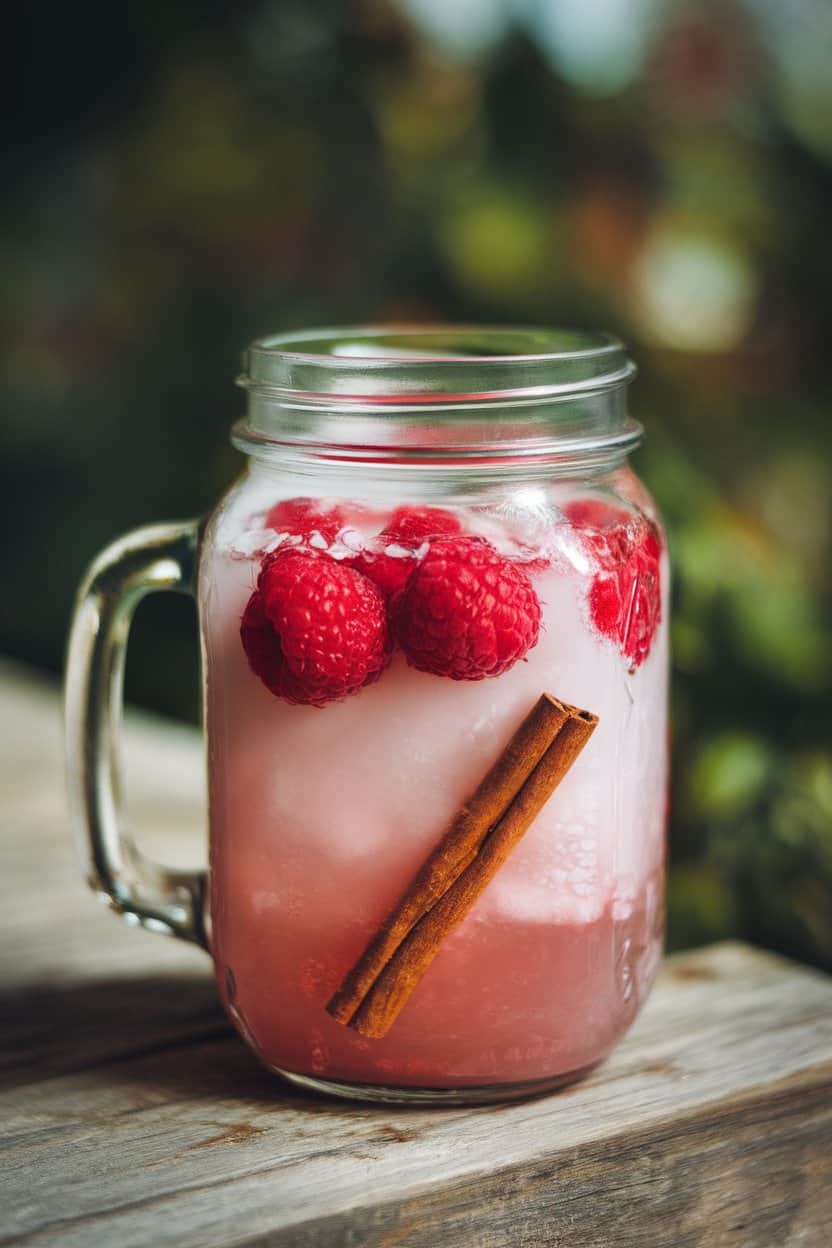 Indoor photo of a mason jar showing cloudy pink drink with raspberries floating and a cinnamon stick submerged; no text or logos.