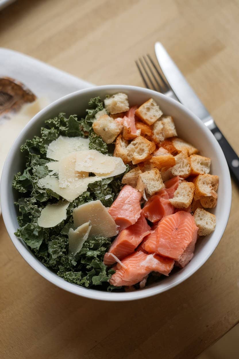 An indoor tabletop shot of a bowl filled with chopped kale, parmesan shavings, whole-grain croutons, and chunks of cooked salmon. Soft overhead lighting, no text or logos. Photo only.