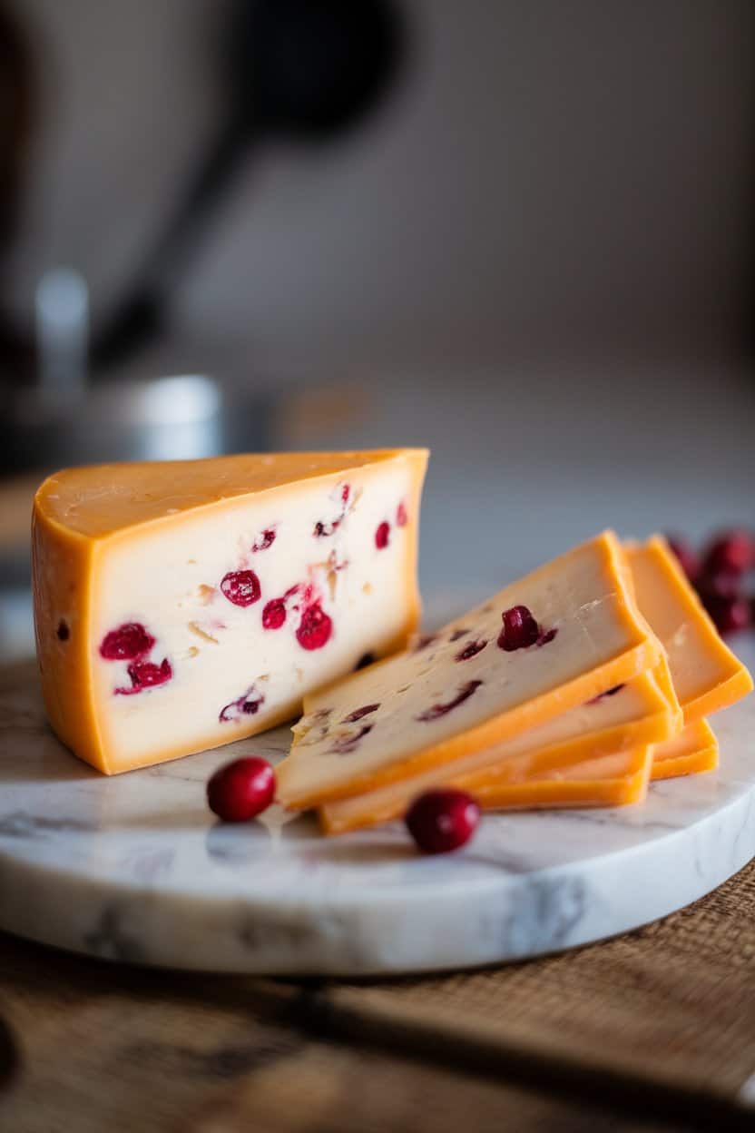 Indoor photo of a semi-hard white cheddar flecked with ruby cranberries, sliced into thin rectangles on a marble slab; diffused lighting, no text or logos.