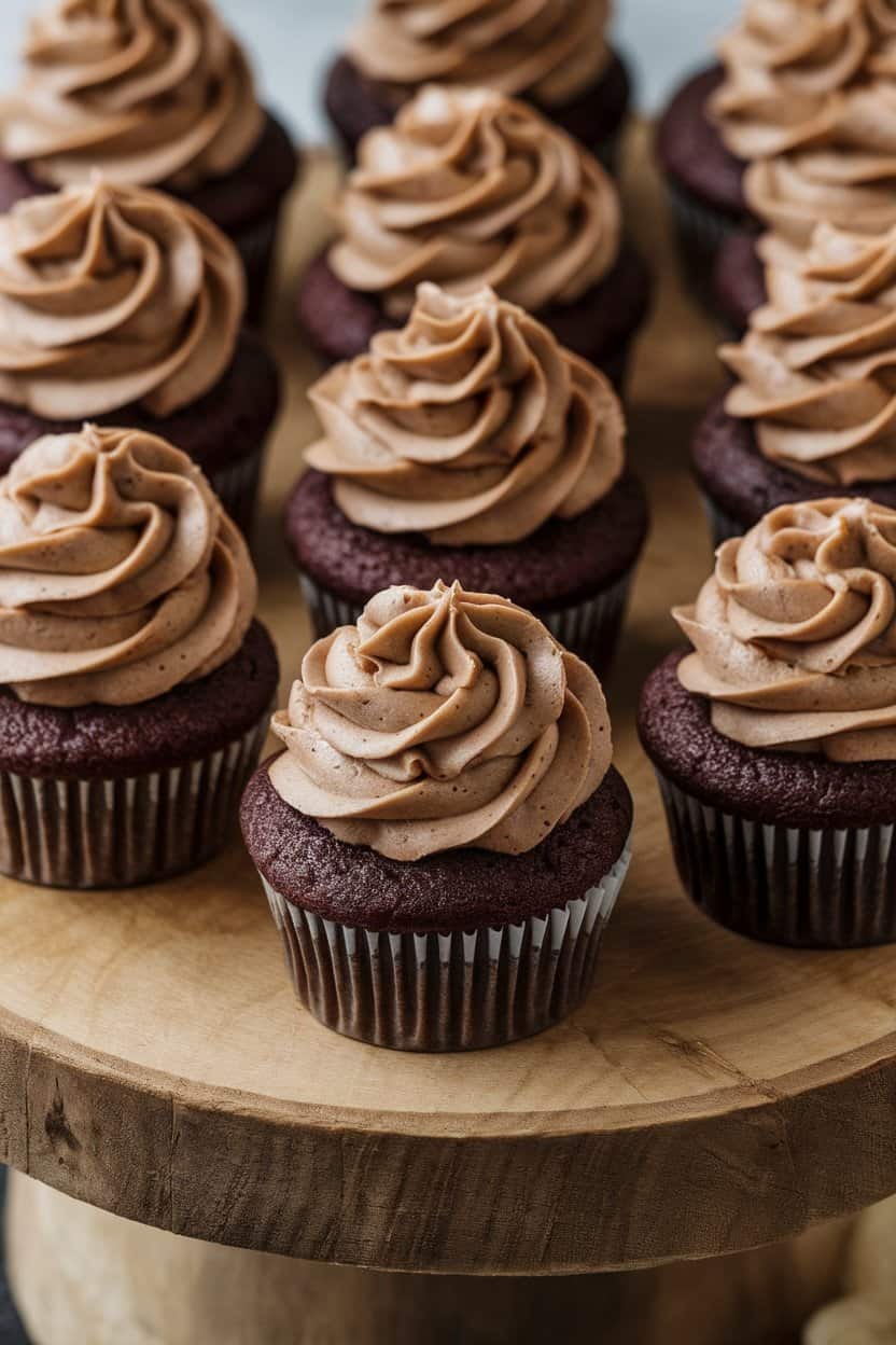 Indoor photo of chocolate cupcakes topped with stout-infused buttercream, a slight drizzle of ganache, no logos or text.