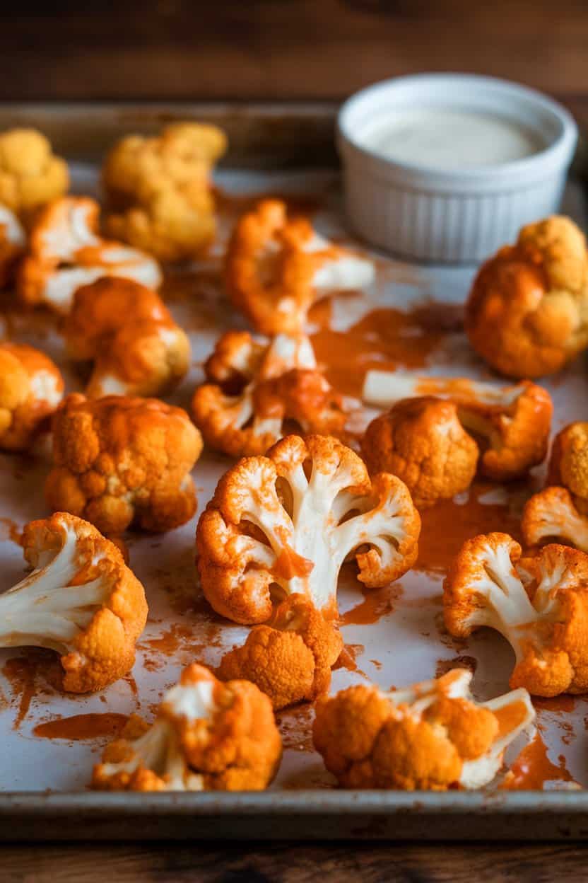 An indoor baking sheet of roasted buffalo-sauced cauliflower florets with a ramekin of ranch, no text or logos.