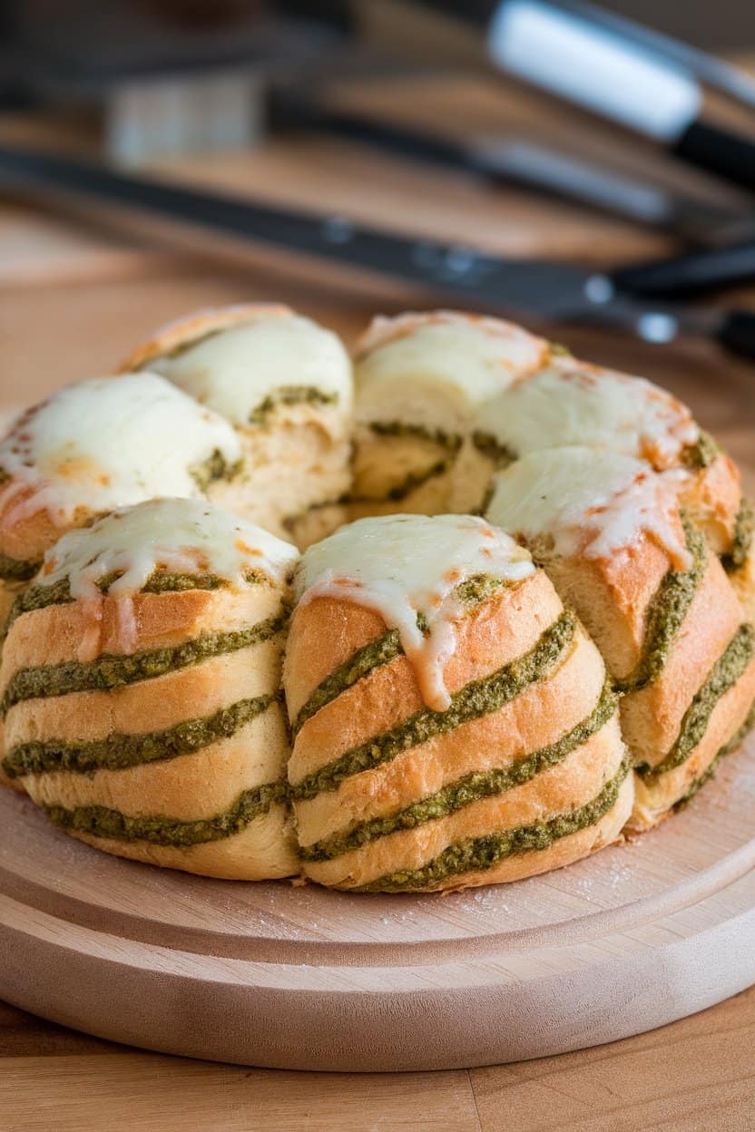 An indoor bread board with a round pull-apart loaf, green pesto peeking between buttery layers, cheese melted over the top. No text or logos. Photo only.