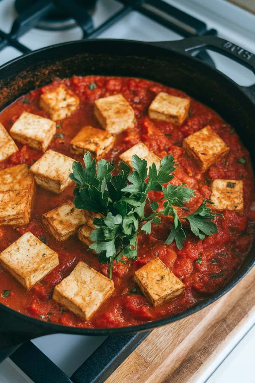 An indoor stovetop photo of a cast-iron skillet filled with spiced tomato sauce and tofu cubes, garnished with parsley; no branding or text visible.
