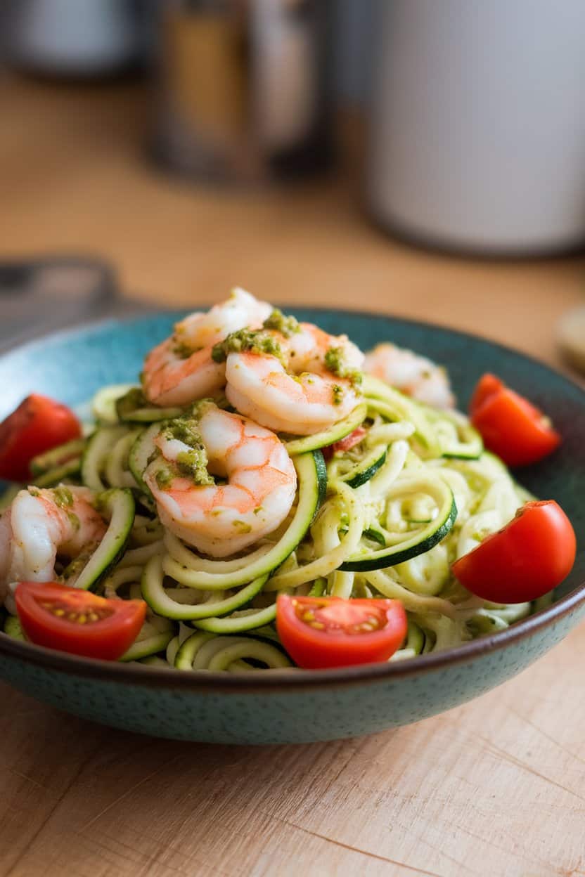 Indoor bowl displaying spiralized zucchini noodles tossed with shrimp and green pesto, cherry tomato halves scattered. No text or logos visible.